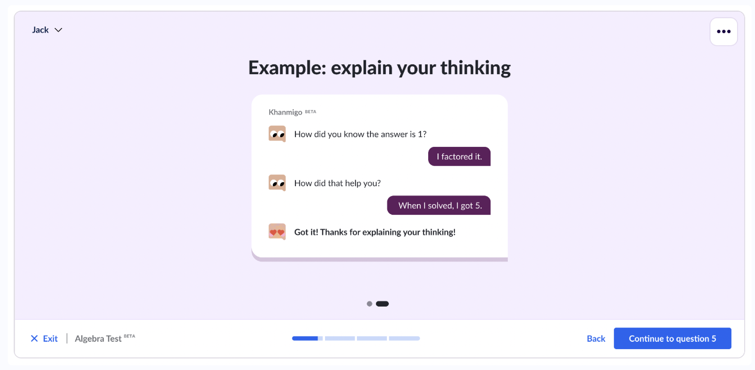 Khan Academy assessment screen where Khanmigo asks a student to explain their thinking