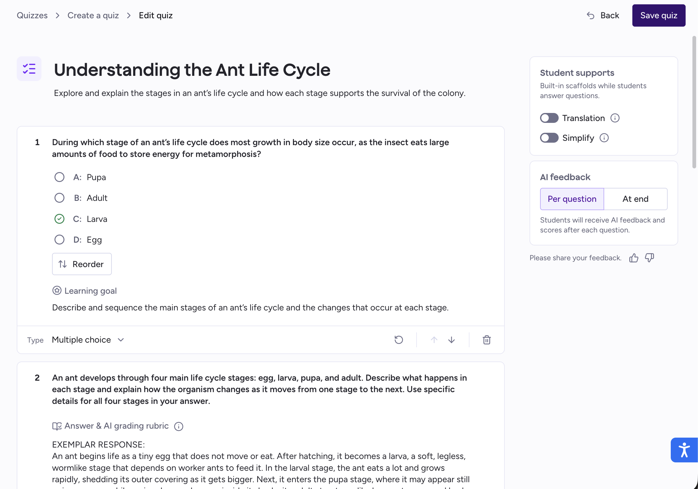 MagicSchool AI quiz editor showing a multiple-choice question about the ant life cycle, with student support toggles for translation and simplification, and AI feedback settings
