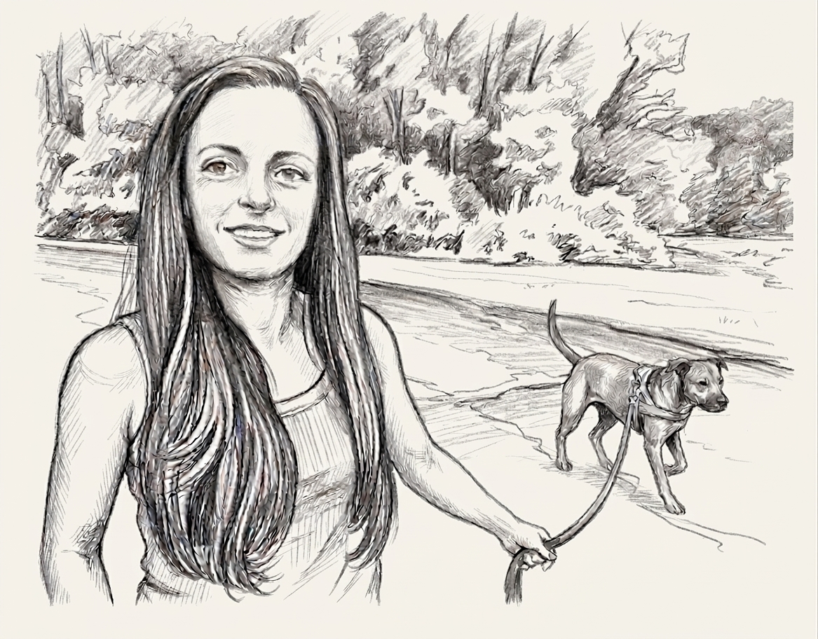 Pencil sketch of Sarah walking her dog along a riverbank